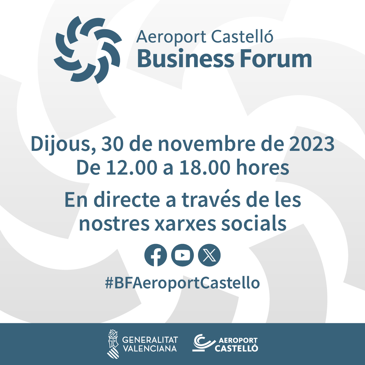 Sigue en streaming en las redes de @CDTairport la tercera edición del ‘Aeroport Castelló Business Forum’, un encuentro profesional del sector aeronáutico y aeroespacial. 📅 30 de noviembre de 2023 🕛12:00 a 18:00 h 📄 aeroportcastello.com/pdf/PROGRAMA-B… #BFAeroportCastello #becontent #ad