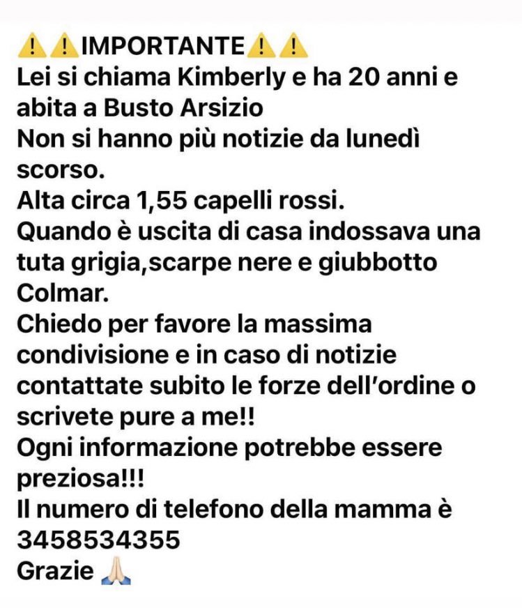 Fate girare il più possibile 🙏🏼 
⚠️ Ecco un’altra foto di Kimberly e il numero di cellulare della madre ⚠️
#KimberlyBonvissuto