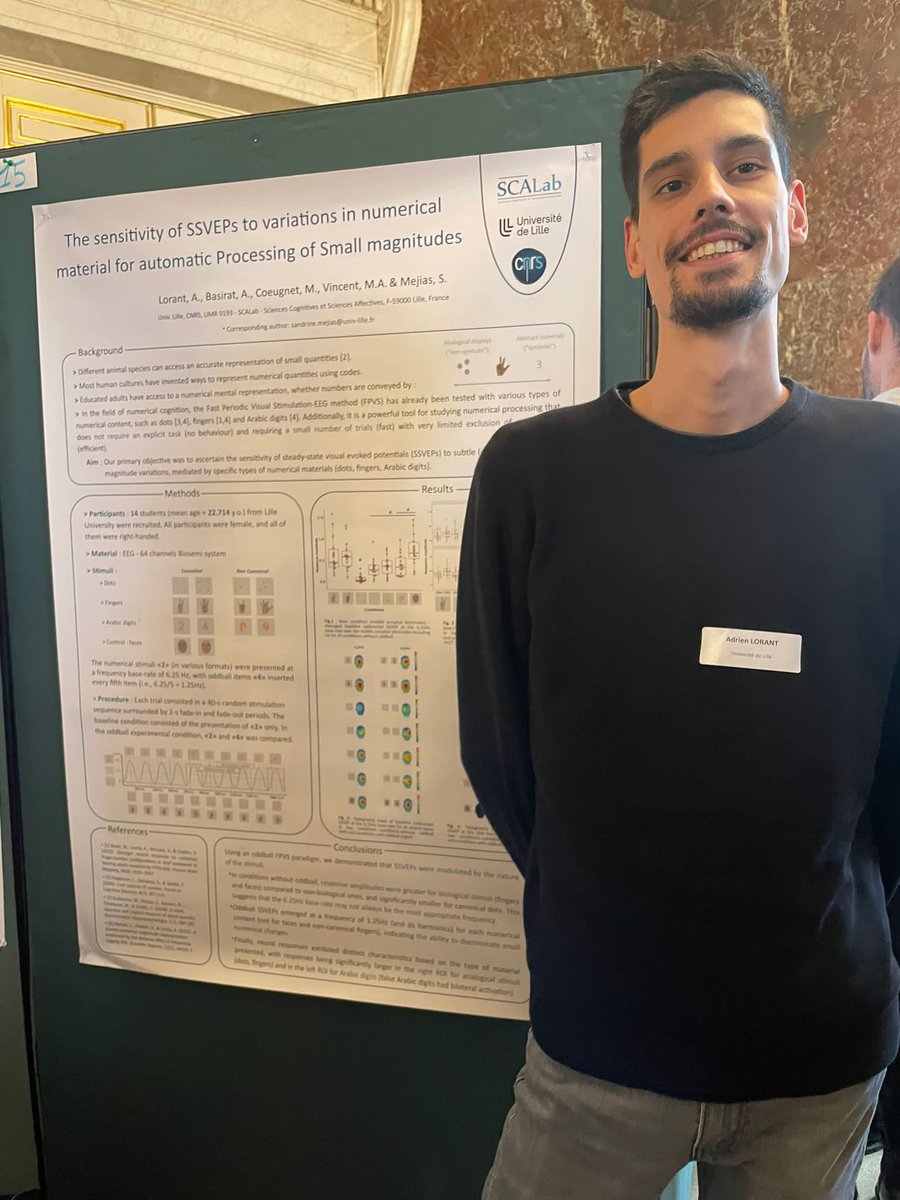 Congratulations to <a href="/adrien_lorant/">Adrien Lorant</a> for his poster at the Neurocog conference entitled : "The sensitivity of SSVEPs to variations in numerical material for automatic processing of small magnitudes".

#NeuroCog #Language_team