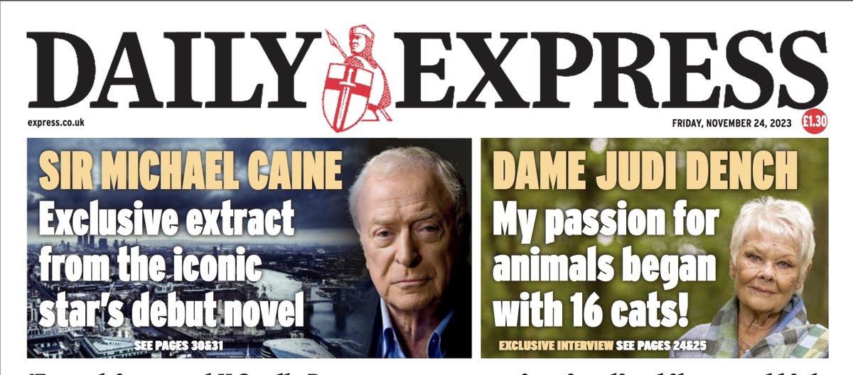Couple of terrific features today: Exclusive extract from <a href="/themichaelcaine/">Michael Caine</a>'s stunning new thriller, #DeadlyGame, &amp; Dame #JudiDench on helping <a href="/AnimalsAsia/">Animals Asia</a> save the bile bears. Plus <a href="/TheWislon/">Christopher Wilson</a> on #GuysAndDolls and the Yorkshire lad who inspired Damon Runyon's book #buyapaper