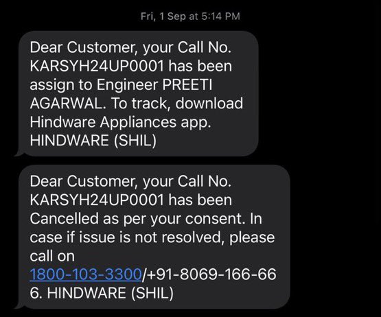 lavish5800's tweet photo. @HindwareApp your customer care service is the worst I have ever seen. Been calling and placing a complaint again and again to not get any reply back and then getting it cancelled without my consent. Please rectify. https://t.co/455BvZBB5D
