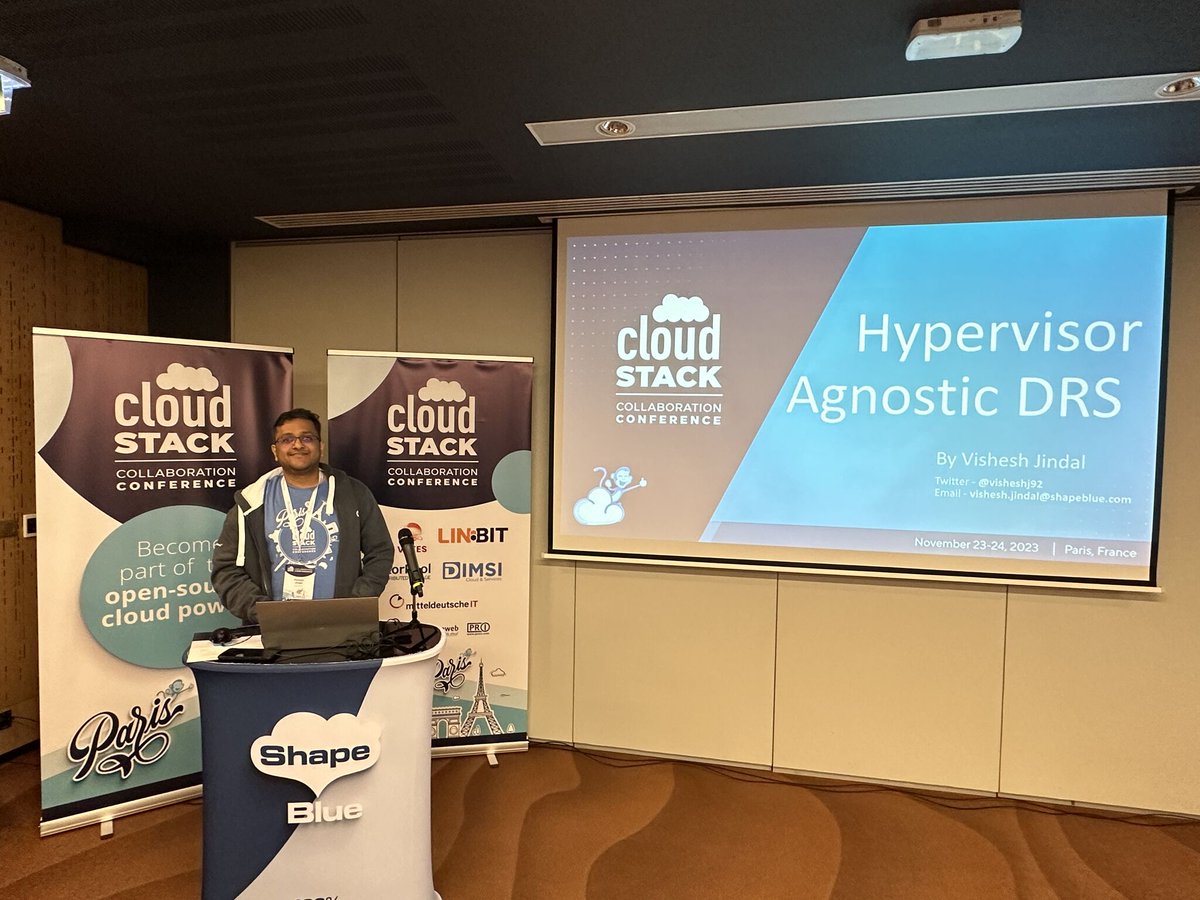 CloudStack's tweet image. Software Engineer at @ShapeBlue, @visheshj92 is starting his talk and demo &apos;Hypervisor agnostic DRS in CloudStack&apos;. 

Join now and watch the session virtually or come to Safran 2 if you&apos;re attending #CSCollab2023 in person - bit.ly/3QUOJjQ
