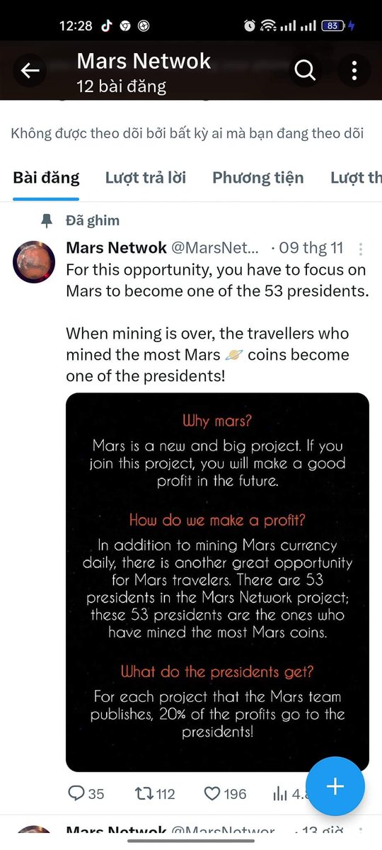 BaekHyunEris04's tweet photo. Dự án #MarsNetwork, hoặc Mạng Sao Hỏa, là một đồng #Coin mới có thể khai thác trực tiếp trên ứng dụng. Tuy nhiên, nhớ nghiên cứu cẩn thận trước khi quyết định đầu tư, vì các loại tiền điện tử mới thường mang theo rủi ro cao.
#CoinMarket
#Coinbase https://t.co/jAyUz6f5Vh