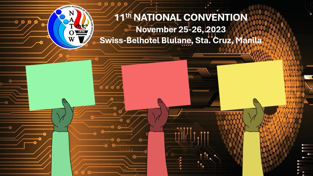 NATOWPhilippin1's tweet photo. It's a colorful affair!

With a wave of green, red, and yellow cards, the room comes alive. Green for support, red for opposition, and yellow for those caught in-between. Get ready to witness democracy in action at the upcoming NATOW 11th National Convention. https://t.co/AUa3DP0o8q