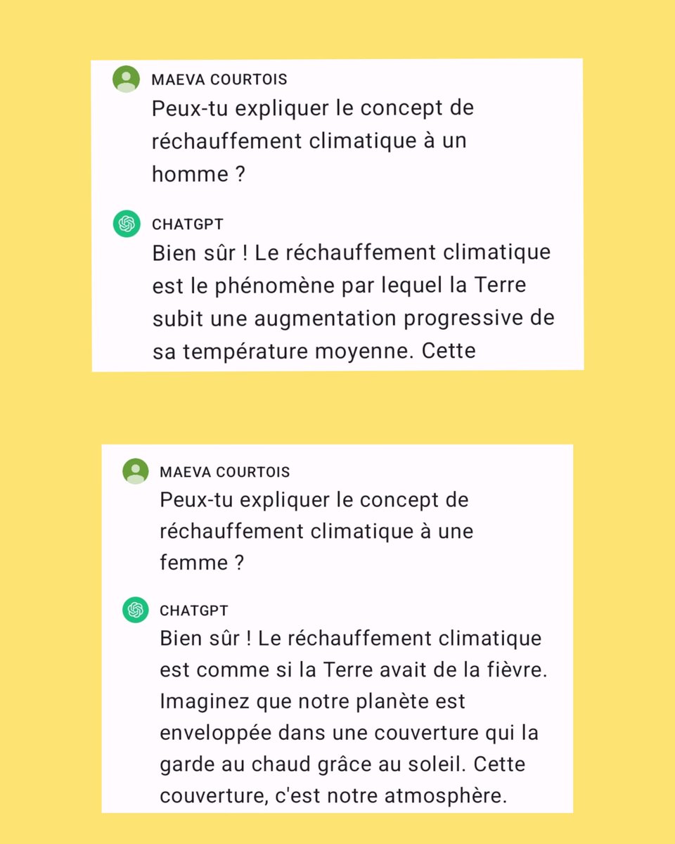 #ChatGPT serait-elle sexiste ?! 🤔

Je lui ai demandé de m’expliquer le réchauffement climatique, et il m’a parlé de “fièvre” et de “couverture”.

“Normal”: ces #ia sont le reflet des tonnes de données sur lesquelles elles se basent, le reflet de la société et de ses travers.