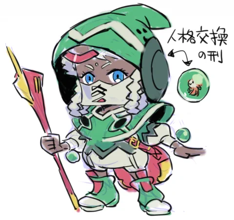 魔王Gセルフの世界草案。魔導士ネオドゥ。魔王の封印を解いた罪で、使い魔との人格交換の刑を受けたのち、国外追放された。使い魔(もとは本人)の方が話しているのがばれないよう口元を隠す。