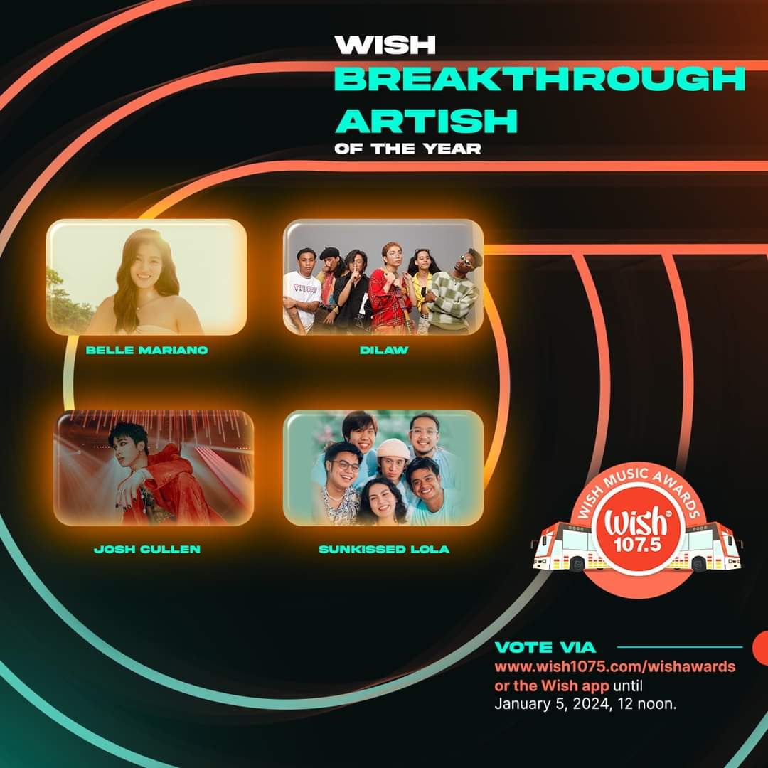 VOTING FOR WISH MUSIC AWARDS STARTS NOW! 

Vote For #BelleMariano on the following categories: 

- Bugambilya (Ballad Song of the Year) 
- Somber &amp; Solemn (Contemporary Folk Performance of the Year) 
- Breakthrough Artist of the Year 

YOU CAN VOTE ON THEIR WEBSITE AND WISH APP!