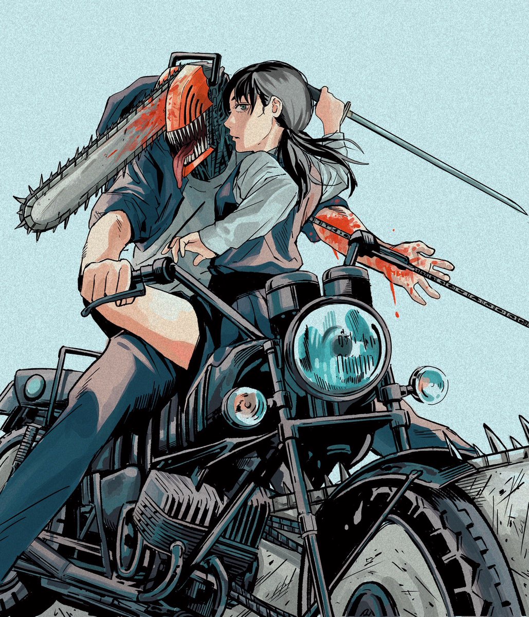 denji (chainsaw man) ,mitaka asa 1girl ground vehicle motor vehicle 1boy black hair weapon blood  illustration images