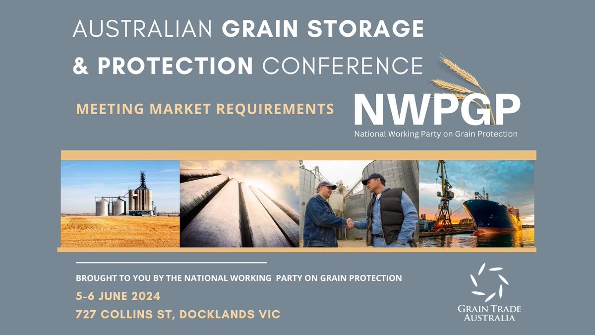 Save the Date: 5-6 June 2024 in Melbourne, for the 51st Australian Grain Storage & Protection Conference brought to you by the National Working Party on Grain Protection. Sponsorship opportunities are available. Tickets can be booked now. Details at gta.eventsair.com/grain-storage-…