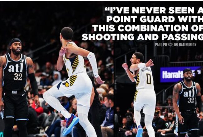 FilipinoL52299's tweet photo. Paul Pierce's take on Tyrese Haliburton is making waves! 🌊 The point guard sensation is dominating the NBA, leading in assists and dropping bombs from beyond the arc. Last night's 9 threes were nothing short of spectacular! 🏀🌟 #TyreseHaliburton #NBA #ShootingStar #PassMaster https://t.co/Cu42t3dG9q
