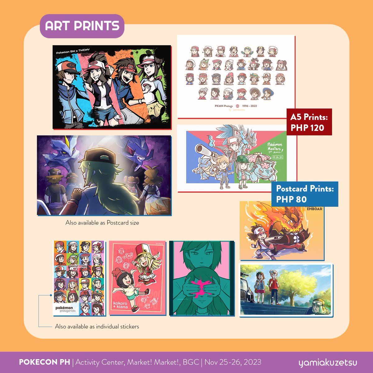 yamiakuzetsu's tweet photo. PRODUCT CATALOG for #PokeConPHMarketMarket! I will be at Table 10 with @stellarite_ ✨

New merch will include:
- Ursaluna Line stickers
- Protagverse sticker sheets
- New &amp; limited Pokeball pins!

See you this weekend, November 25-26, 2023, at Market! Market! BGC! ❤️ https://t.co/oJPMkpwSEV