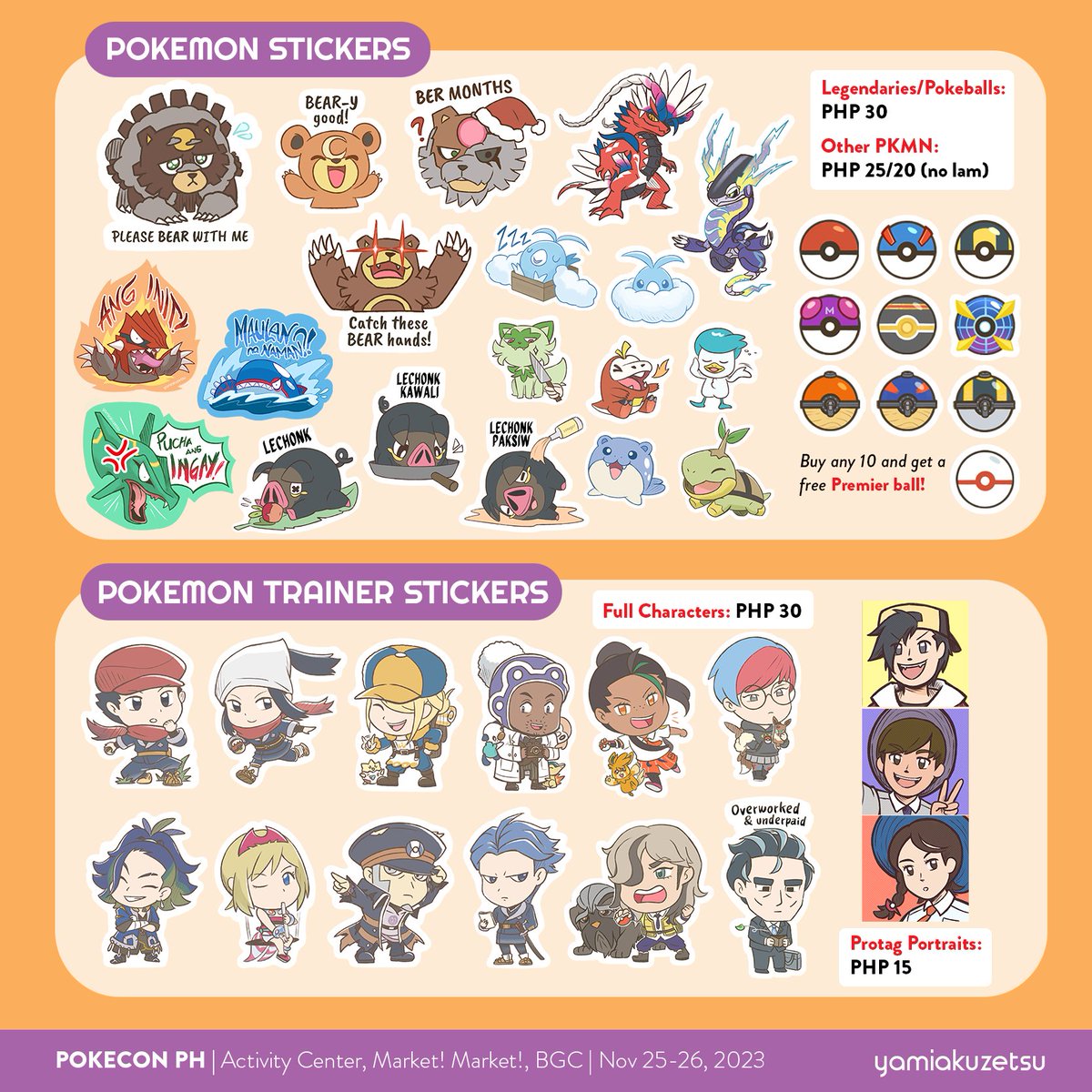 yamiakuzetsu's tweet photo. PRODUCT CATALOG for #PokeConPHMarketMarket! I will be at Table 10 with @stellarite_ ✨

New merch will include:
- Ursaluna Line stickers
- Protagverse sticker sheets
- New &amp; limited Pokeball pins!

See you this weekend, November 25-26, 2023, at Market! Market! BGC! ❤️ https://t.co/oJPMkpwSEV