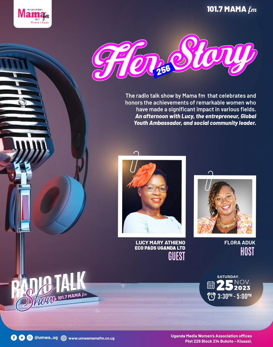 Join @f_aduk tomorrow on Mama Fm at 3:30-5pm as she hosts Lucy Mary Athieno, DIRECTOR OF ECO PADS UGANDA as she shares her story 
#HERSTORY256