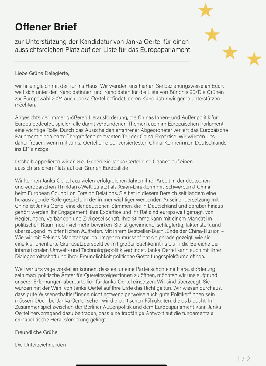 ClaudMajor's tweet photo. Europa braucht China-Expertise.
Und die exzellente China-Expertin @oertel_janka bewirbt sich für die Europawahl. Ihre Expertise wäre ein Gewinn fürs Europa-Parlament. Darum habe ich diesen👇Brief unterzeichnet.
Es geht nicht um Parteipolitik,sondern Chinaexpertise am richten Ort. https://t.co/2krvHYN20s