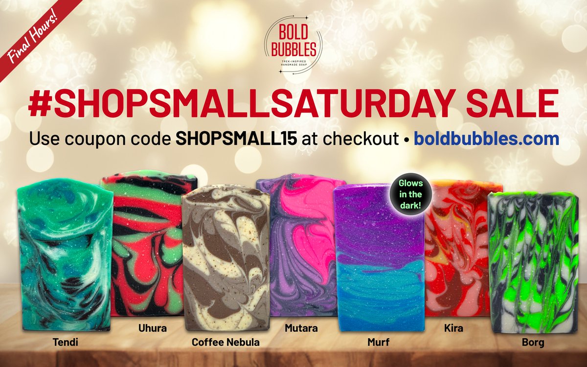 LAST CALL for 15% off at boldbubbles.com! Get your friends (or yourself — we won't tell) some #StarTrek-inspired suds that look and smell galaxy-class! #ShopSmallSaturday