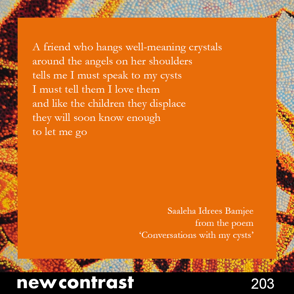 New Contrast 203 preview featuring the poem 'Conversations with my cysts' by @saaleha #spring #poetry #literarymagazine #southafricanart #artsandculture