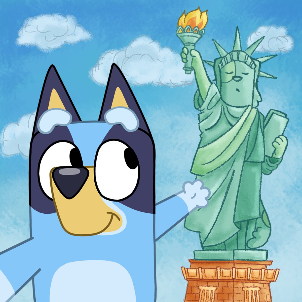 BlueyCommunity's tweet photo. Fun fact, Bluey's official account uploaded a drawing of Bluey with the Statue of Liberty, they later updated it to a version where the Statue of Liberty is a dog. https://t.co/SGoKfv8ase