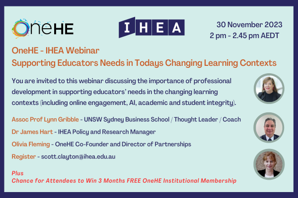 IndependentHEA's tweet photo. Save the date.

30 Nov 2023.
2pm-2.45pm AEDT.

Upcoming @IndependentHEA - @oneheglobal webinar:

' Supporting Educators Needs in Todays Changing Landscape'.

Speakers:
- Assoc Prof @LynnGribble (@UNSWbusiness)
- Dr James Hart (IHEA)
- @OFleming7 (OneHE)

Contact us for more info. https://t.co/gH8DmkXhVb