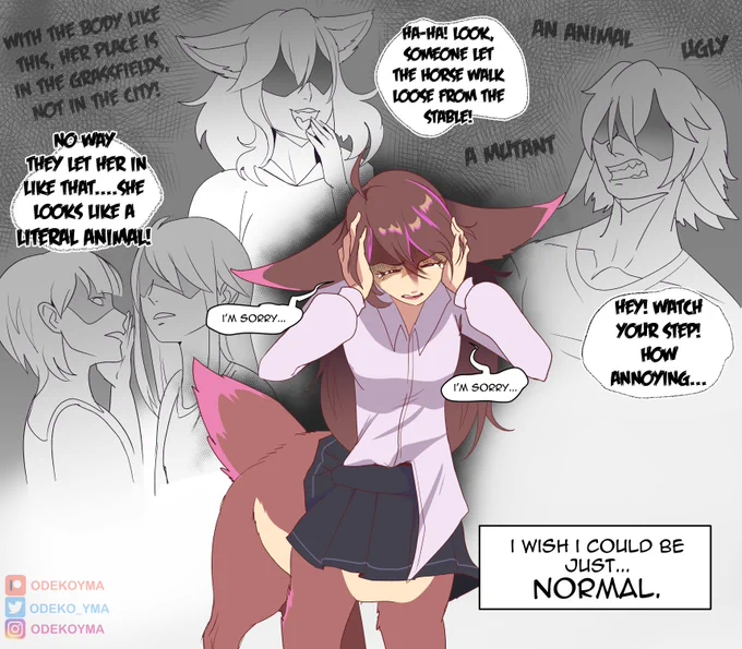 I always thought about Lillia in Modern AU where she struggles to fit in the society around her because of her exotic looks, which she tends to view as a flaw that keeps her from being "normal".  This is why she often hides at home unless her only friends call her to hang out.