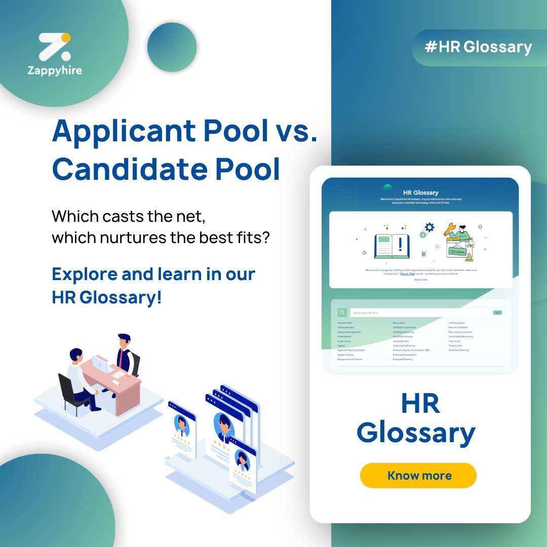 'Applicant pool' and 'candidate pool’ - Not the same thing.

One casts the net, and the other nurtures the best fits.

Find out more!👇

lnkd.in/gdZfEAgW

#Zappyhire #recruitment #hiring #candidatepool #applicantpool #recruitmentautomation #HR #HRglossary #hrtech