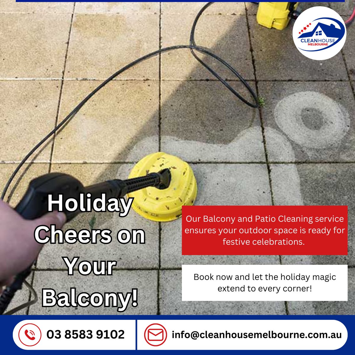 cleanhousemelb's tweet image. Our Balcony and Patio Cleaning service ensures your outdoor space is ready for festive celebrations.
#patiocleaning
#pressurecleaning
#balconycleaning
#pressurewashing
#nomould
