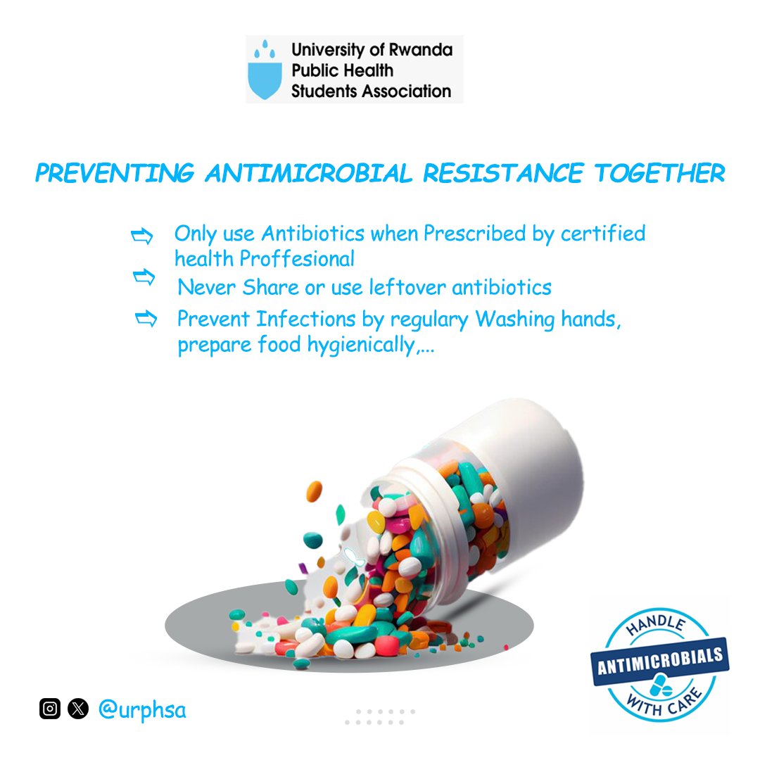 Let's #PreventAntimicrobialResistanceTogether 

🗣️ Follow health professionals’ advice about the appropriate use of antibiotics, complete prescribed courses, and avoid sharing medications.
#AMR
#WorldAMRAwarenessWeek @chu_butare @EricMugabo03 @TheRMH @TheDohertyInst @GAHAMANYI6