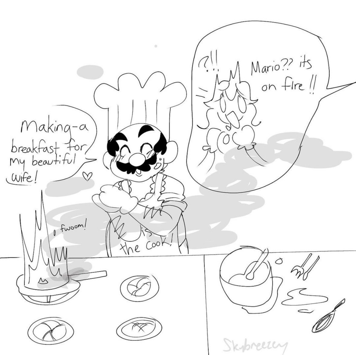 A thing I drew in July that I didn’t post on twt- Mario would Neva burn food we all know this, but just this once….👁️👁️ he did 
#princesspeach #mario #supermario #mariobrothers #mariofanart #mareach #princesspeachxmario