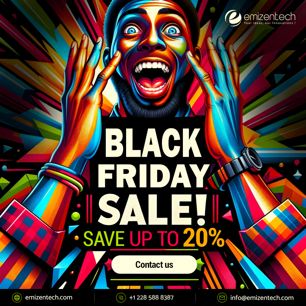 🌟 Black Friday Sale! 🌟

Save up to 20% on all our services - from Website to AI Development. Transform your business today! 🚀💻 Offer Valid Till 📅25 Nov'23
emizentech.com/enqiry.html

#blackfriday2023 #blackfridaysale #BlackFriday #innovation #businessgrowth #emizen_tech