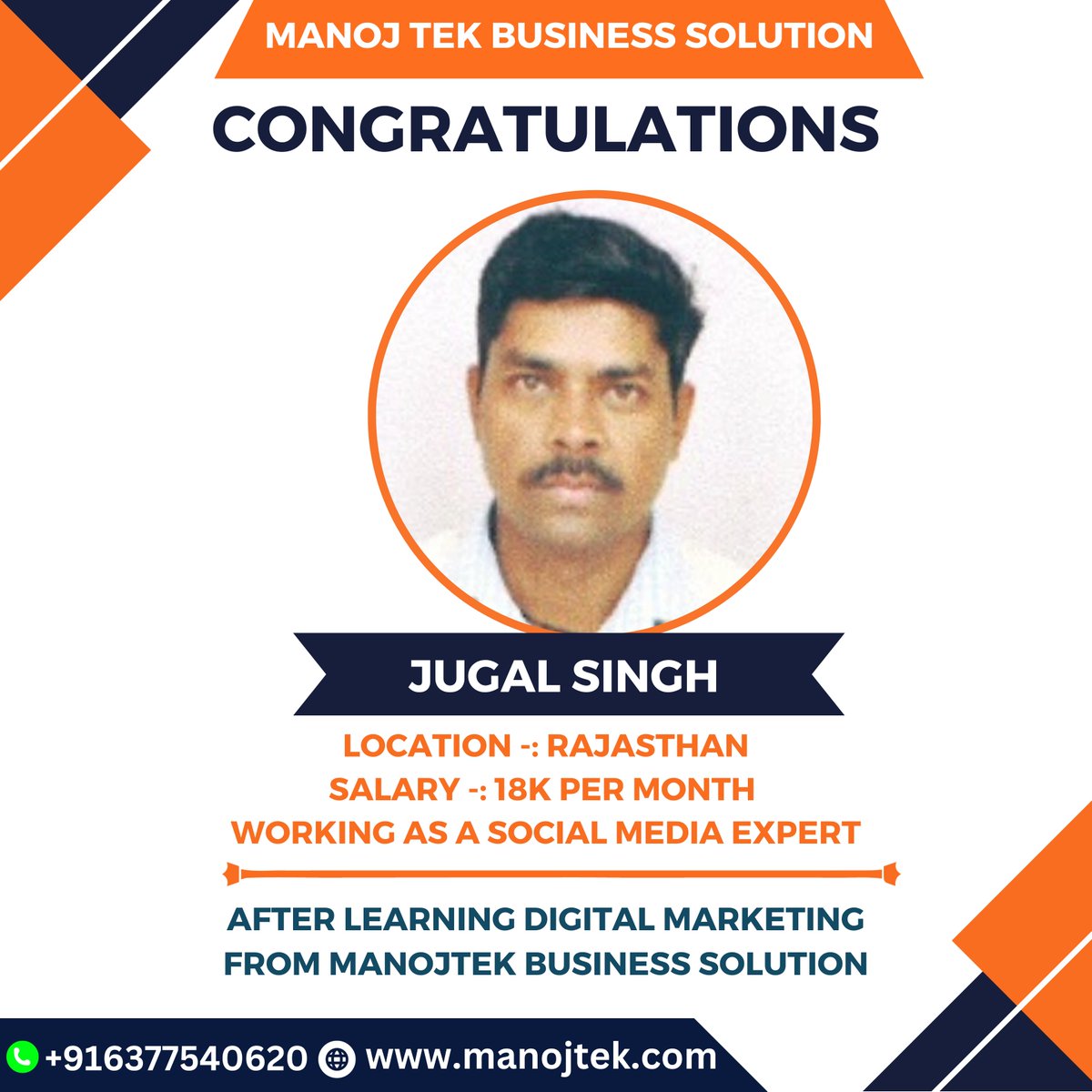 'Congratulations to Jugal Singh from Rajasthan for mastering the social media realm  #SocialMediaMaven #RajasthanExpert #CareerMilestone #DigitalTrailblazer #SMMastery #SuccessStory #JobGoals #SkillMastery #WorkHardAchieveMore #CongratsJugal'