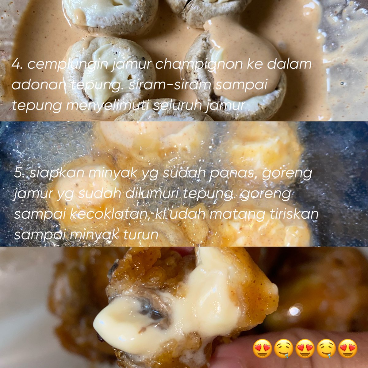 wnisekai's tweet photo. ☆ミ recook Stuffed Cheesy Mushroom

jiakh, aku salah pilih keju, harusnya pake keju mozzarella :( but this isn't too bad sih. enak! jamurnya kenyal, tepungnya krispi n pedes, ditambah keju nya yg lumer 🤤

— bahan;
🍄 jamur champignon
🧀 keju mozzarella
🫙tepung sajiku pedas 

1. buang buntut jamur champignon, terus agak tekan ke dalam supaya membentuk cekungan
2. lalu isi bolongan dengan MOZZARELLA CHEESE yg sudah dipotong-potong kotak, sesuai dengan ukurang bolongan jamur. 
📝 aku sarankan pake Mozarella Cheese aja, soalnya kl pake Spready Cheese isinya ambyar pas digoreng nanti 🤣
3. campurkan tepung sajiku pedas & air secukupnya, jangan terlalu cair dan jangan terlalu kental. terus cemplungin jamur champignon ke dalam adonan tepung. siram-siram sampai tepung menyelimuti seluruh jamur
4. siapkan minyak yg sudah panas, goreng jamur yg sudah dilumuri tepung. goreng sampai kecoklatan. kl udah mateng, tiriskan sampai minyak turun. UDAH DEH~