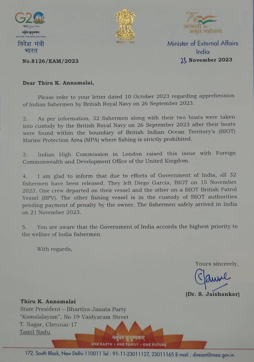 On behalf of @BJP4TamilNadu & Tamil fishermen, we thank our Hon EAM Thiru @DrSJaishankar avl for his persistent efforts, which have resulted in the repatriation of 32 Tamil Fishermen from Kanyakumari apprehended by the British Royal Navy.