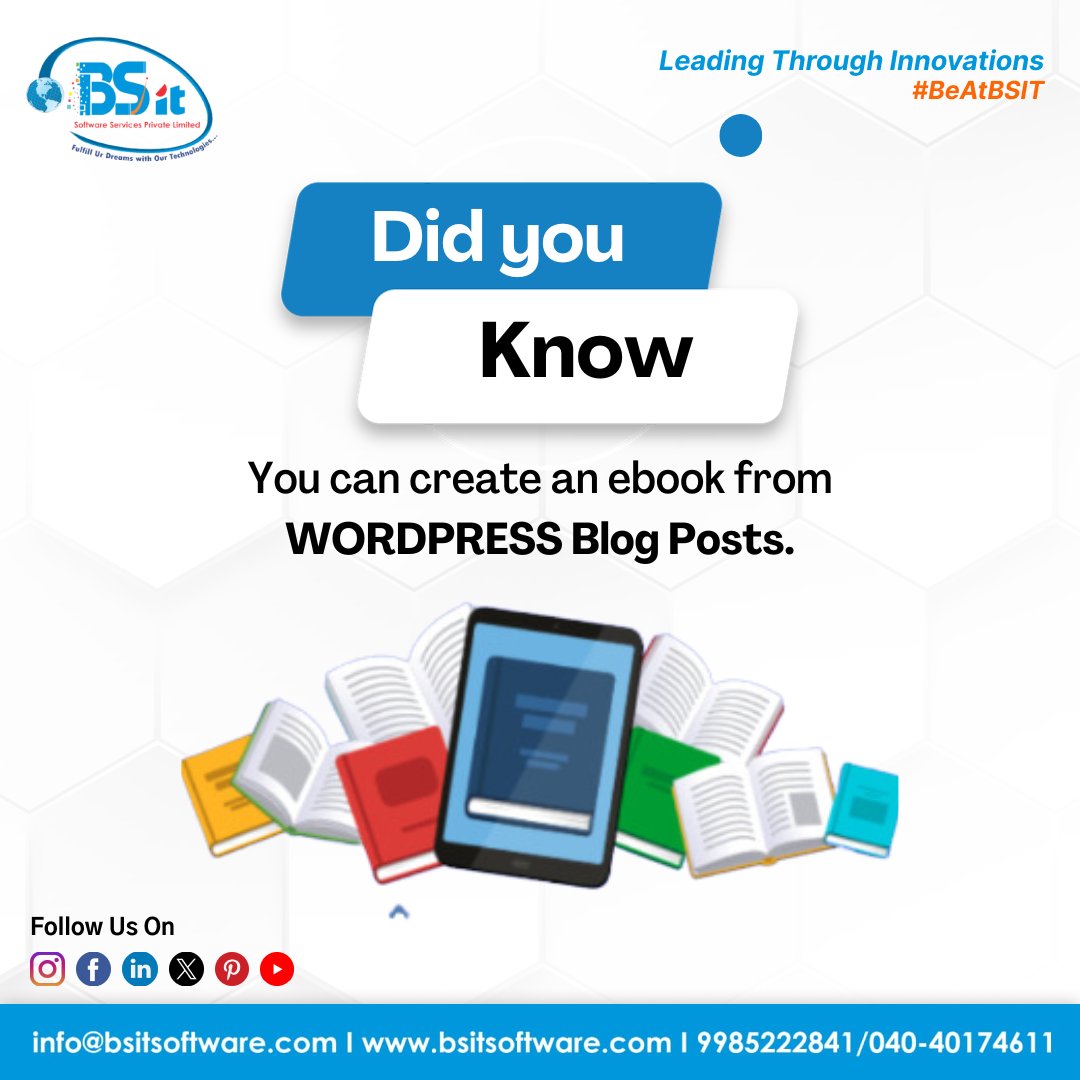 Did you know- you can create an #eBook from #WordPress #blog #posts

#bsitsoftware #bsit #bsitsoftwareservices #WordPressTips #eBookCreation #BlogToEbook #DigitalPublishing #ContentTransformation #WritingCommunity #ContentCreation #eBookPublishing #WordPressBlog #SEOstrategy