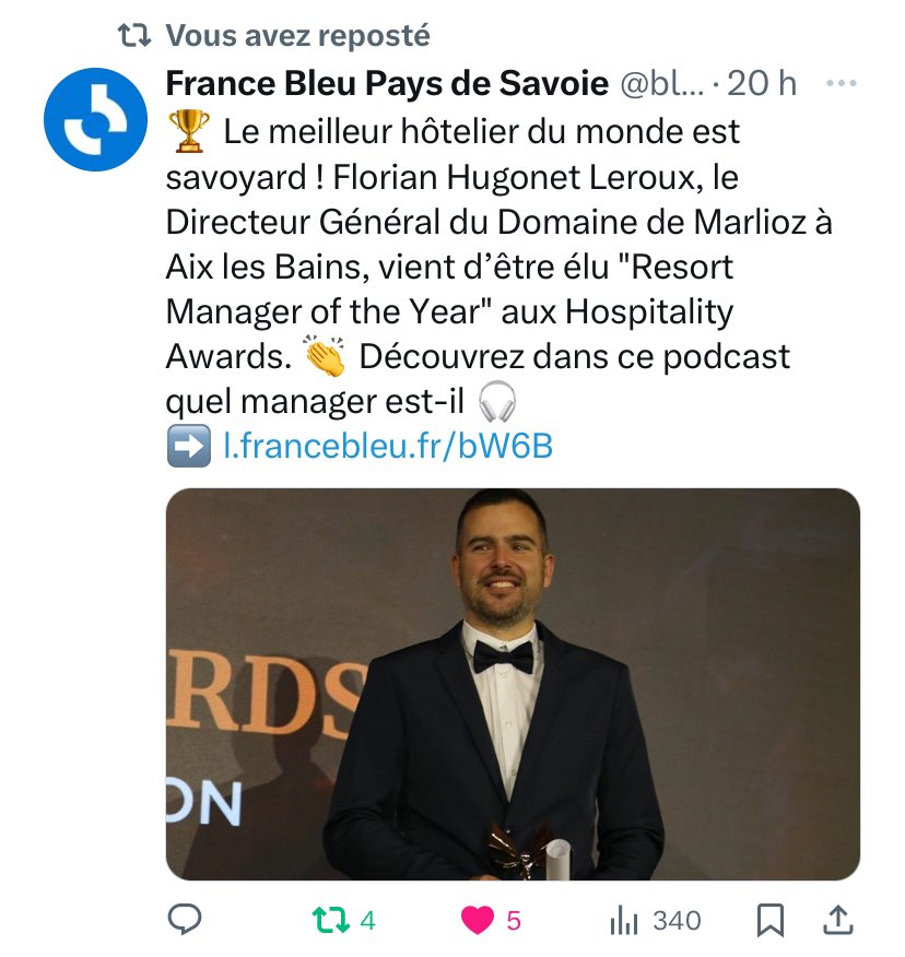Une fierté pour CFH 🇫🇷 d’avoir le Resort Manager de l’année dans ses équipes ! Elu par ses pères comme hôtelier de l’année à travers le monde entier ! 

#hospitalityawards #france #manager #management 
@Elysee @oliviagregoire