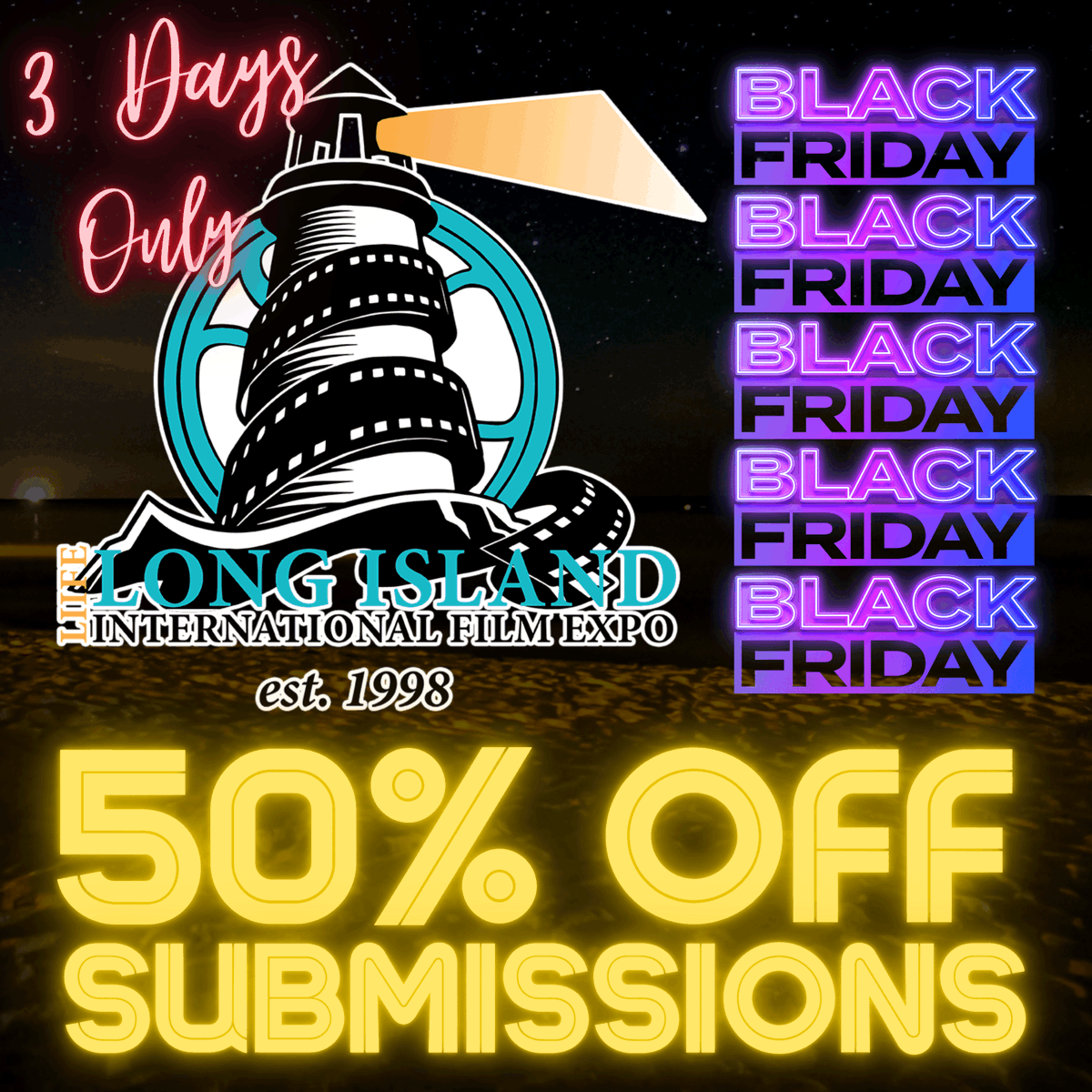 Filmmakers! Use Code LIIFE23Friday50 on @FilmFreeway for 50% off Submissions through Sunday Night! 

#BlackFriday #discount #filmmakers #longislandfilm #share #sale #filmmakinglife #liife27 #FilmTwitter