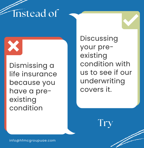 homefinanceuae's tweet image. Don't let a pre-existing condition keep you from life insurance.  Discuss your condition with us, and let's explore how our underwriting can provide the coverage you need. Your journey to financial protection starts with a conversation! 

 #LifeInsuranceSolutions