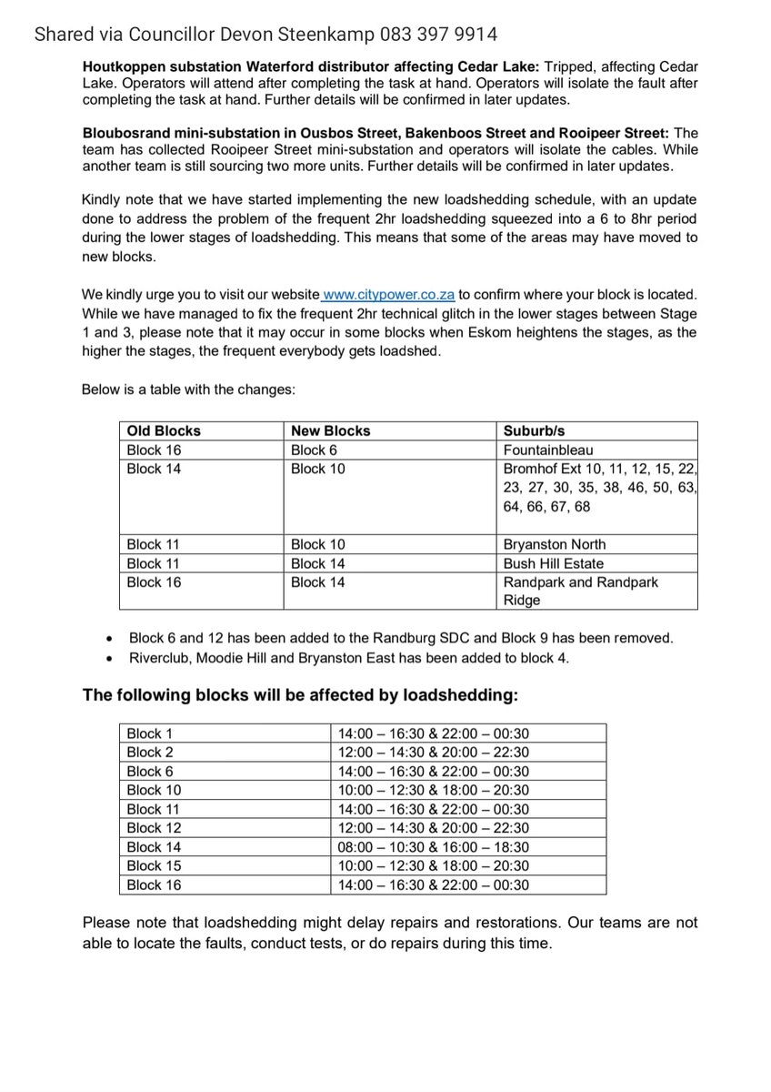 THEDEVCHEV's tweet image. ⚡ #NorthridingAH #Kyasand #Sundowner  #Block1 #Boskruin #Block14
24 November 2023 at 07h50 - Cllr Devon Steenkamp 

Latest update on the many outstanding outages