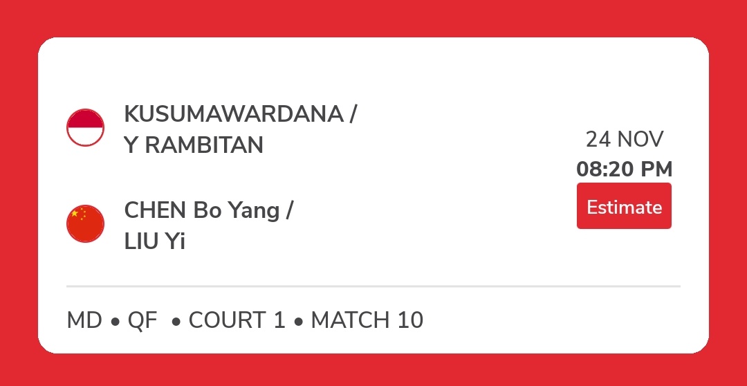 PRAMYEREZONE's tweet photo. ; Pram/Yere on Quarter-Final
at #ChinaMasters2023
———————

Pada babak QF, Pramudya/Yeremia akan melawan CHEN Bo Yang/LIU Yi 🇨🇳 di Court 1, match ke-10, estimasi pkl 19.20 WIB.

Semoga match hari ini bisa berjalan lancar serta berbuah kemenangan untuk PraYer! Good luck, PraYer🤞 https://t.co/lEhcN00n6B