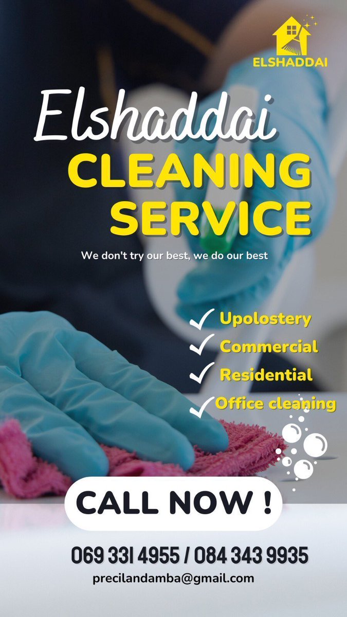 morning guys #ElshaddaiCleaningServices offer the following : 
🔒Commercial
🔒Upholstery
🔒Residential 
🔒Office 
Talk to us today on WhatsApp: wa.me/c/2769331495📞

Eugene Khoza Oscar Iyabo Hamba wena Nigerians Durban OUT NOW feesmustfall