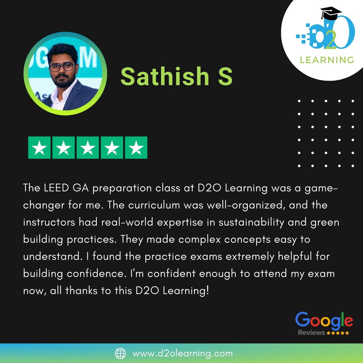 D2OLearning's tweet image. #FeedbackFriday

🌟 A big thank you to Sathish for sharing your transformative experience with our LEED GA preparation class at D2O Learning! 

🔗 Discover our workshops and connect with our community:
forms.office.com/r/nNYvhw8xnV

#Training #D2OScholar #D2OLearning #Community