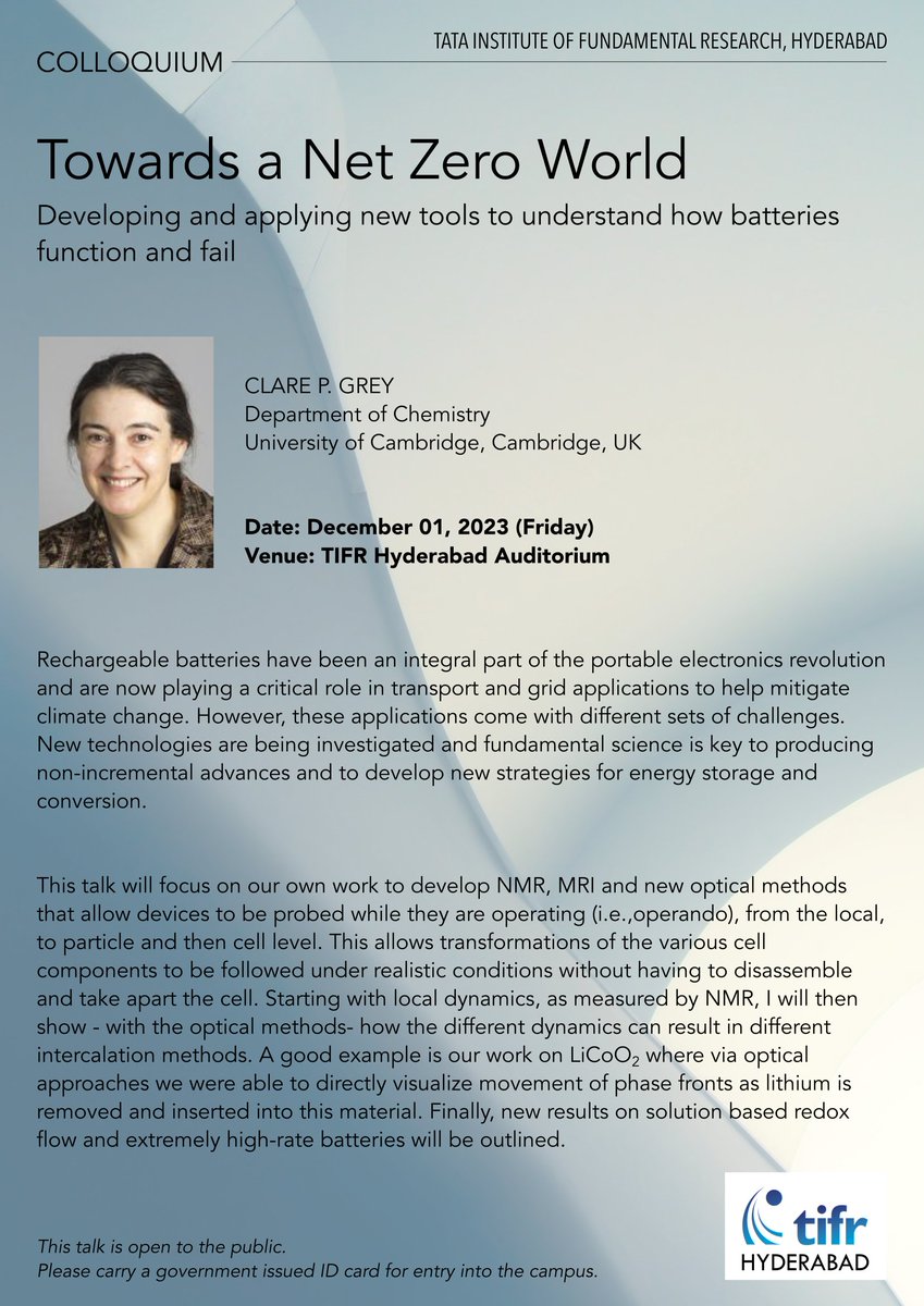 TIFR Hyderabad (@tifrh_buzz) on Twitter photo Colloquium <a href="/TIFRH_buzz/">TIFR Hyderabad</a>:
'Towards a Net Zero World: Developing and applying new tools to understand how batteries function and fail'
Speaker: Prof. Clare P. Grey (<a href="/Cambridge_Uni/">Cambridge University</a>)
Date: December 01, 2023 (Friday)
Venue: <a href="/TIFRH_buzz/">TIFR Hyderabad</a> Auditorium Colloquium <a href="/TIFRH_buzz/">TIFR Hyderabad</a>:
'Towards a Net Zero World: Developing and applying new tools to understand how batteries function and fail'
Speaker: Prof. Clare P. Grey (<a href="/Cambridge_Uni/">Cambridge University</a>)
Date: December 01, 2023 (Friday)
Venue: <a href="/TIFRH_buzz/">TIFR Hyderabad</a> Auditorium