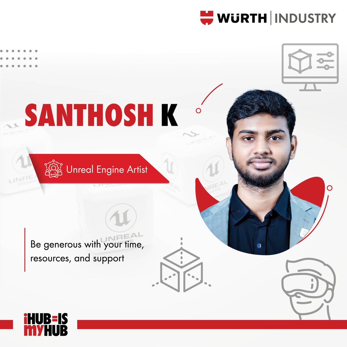 WISiHUB's tweet photo. Santhosh K joined WIS-iHUB (Innovation hub) in June 2021 as an Unreal Engine Artist.

His specialisations include environment design, 3D, level design, animation, blueprints, materials, texturing.

#WuerthGorup #WuerthAsia #unrealengineartist #vr #Werinnnovationhub #ihubismyhub https://t.co/msg5xCg7kh