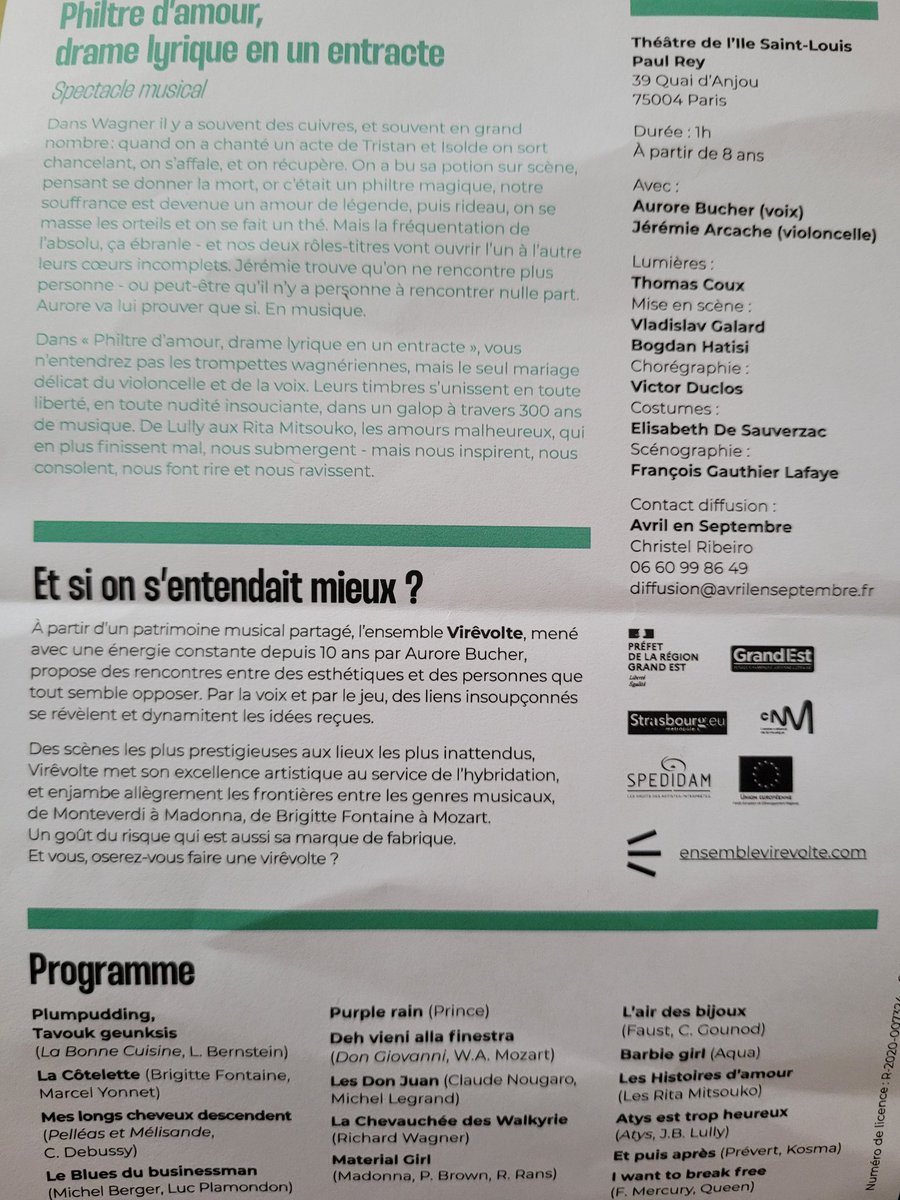 Encore une date parisienne (ce soir) pour le drôle de drame de l'ensemble #Virêvolte, joué dans le Théâtre (de poche) de l'Île Saint-Louis. Wagner y rencontre Gounod, Madonna, Mozart, Queen et Prince. Courez-y !