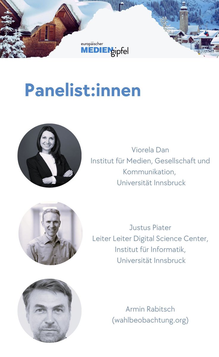 Institut für Medien, Gesellschaft & Kommunikation (@medieninst_uibk) on Twitter photo Das Wissenschaftsforum der <a href="/uniinnsbruck/">@uniinnsbruck@social.uibk.ac.at</a> präsentiert am 01.12.23 ab 9:00 Uhr ein Panel beim <a href="/mediengipfel/">Mediengipfel Lech</a> Lech/am Arlberg zu Thema: "Fluch oder Segen für Politik, Medien, Wirtschaft und Wissenschaft?" Mit dabei sind <a href="/ViorelaDan/">Viorela Dan</a>, Justus Piater & Armin Rabitsch Das Wissenschaftsforum der <a href="/uniinnsbruck/">@uniinnsbruck@social.uibk.ac.at</a> präsentiert am 01.12.23 ab 9:00 Uhr ein Panel beim <a href="/mediengipfel/">Mediengipfel Lech</a> Lech/am Arlberg zu Thema: "Fluch oder Segen für Politik, Medien, Wirtschaft und Wissenschaft?" Mit dabei sind <a href="/ViorelaDan/">Viorela Dan</a>, Justus Piater & Armin Rabitsch