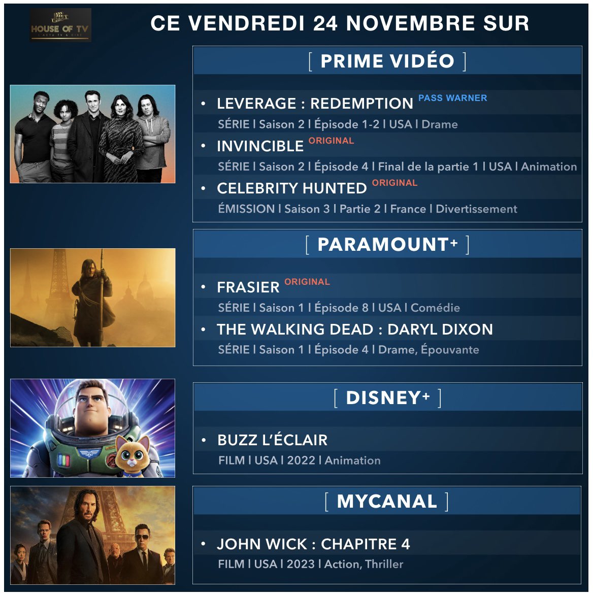 HouseOfTV1's tweet photo. Ce vendredi 24 novembre sur Prime Vidéo, Paramount+, Disney+, MyCanal et Netflix.
#BuzzLeclair #DarylDixon #Invincible #JohnWickIV #DoiBoy https://t.co/0m3RfvRkpn