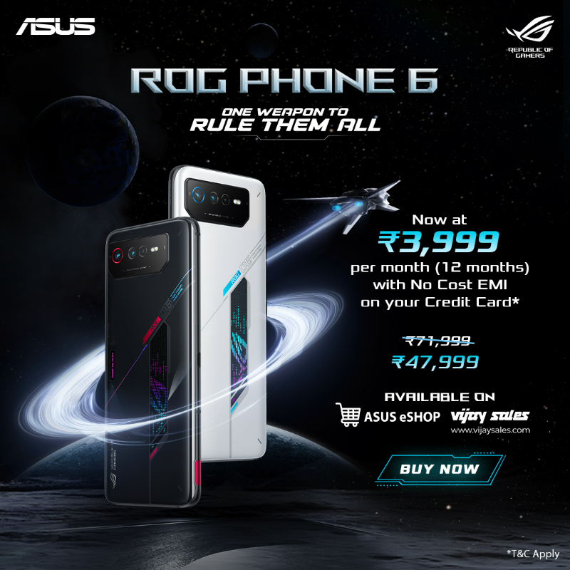 ASUS_ROG_IN's tweet photo. Experience gaming excellence with the ROG Phone 6! ⚡️🎮 Powered by Snapdragon® 8+ Gen 1, a 17.22 cm (6.78) AMOLED display at 165 Hz, and Air Trigger 6 for console-level gaming. Now available at just ₹3999/month with no-cost EMI on your credit card.
T&C Apply
#ROGPHONE6
