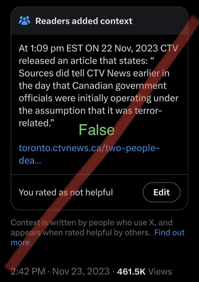 HeatherMoAndCo's tweet photo. Faux News reported false “terrorism” around 1:45 pm ET. Trolls have given false “context” to @MarkGerretsen’s tweet by claiming CTV posted the “terrorism” misinformation at 1:09 pm EST, which is categorically false. @CTVNews posted their false speculation “breaking” at 2:40pm ET. https://t.co/hzCGEY1WUj