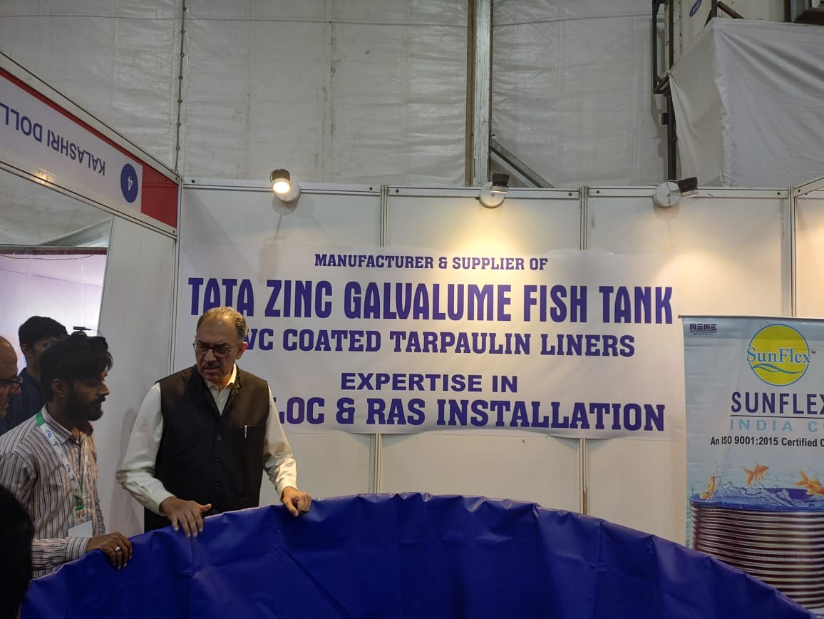 Union Secretary, Department of Fisheries, Dr. Abhilaksh Likhi, visited an exhibition stall of SUNFLEX in #GFCIndia2023 and the exhibitor explained and showcased innovative products in the field of Fish Tank and RAS installation viz. Tata Zinc GALVALUME Fish Tank etc. #PMMSY