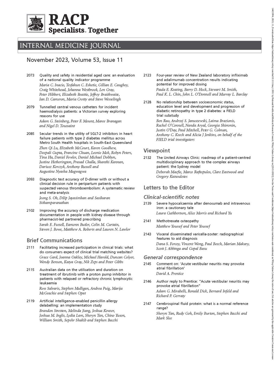 IMJ November (Vol 53, Iss 11) is now online bit.ly/3GeDWfK @marrow @TheRACP @WileyHealth @DanSteinfort @ianjohnwoolley2 @drobeirne @cancersolutions @SaurabhkumarEp @Badves @szetinglee1 @Velandaisrikan1 @YvonneBonomo @RSkoienLiver @defineCPRbetter