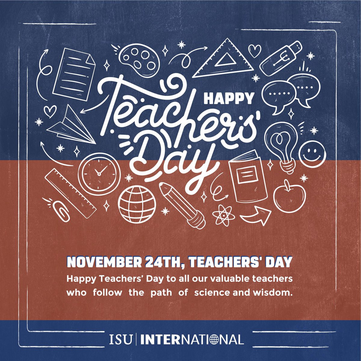 isuintoffice's tweet photo. Happy Teacher's Day to all our valuable teachers who follow the path of science for better educational conditions. 👨🏻‍🏫👩🏽‍🏫🧑🏼‍🏫 #teachersday #öğretmenlergünü #november24th #24kasım #istinyeuniversity #istinyeüniversitesi #isu #isü https://t.co/NdYsL4DGHU