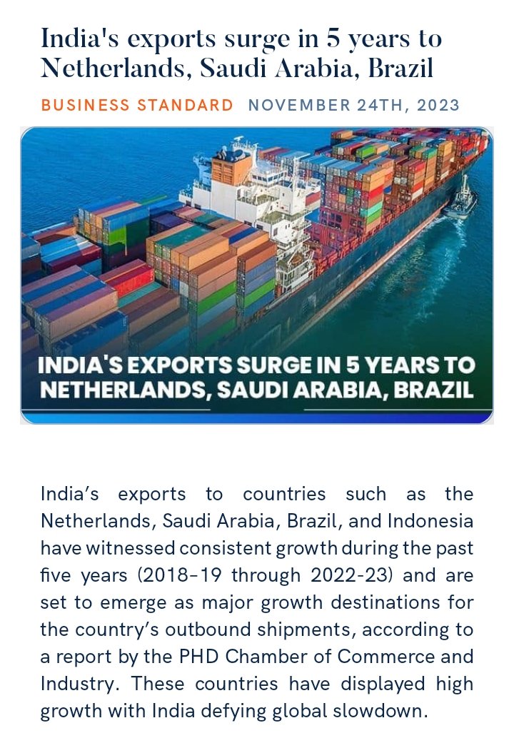 India's exports surge in 5 years to Netherlands, Saudi Arabia, Brazil business-standard.com/economy/news/i… via NaMo App